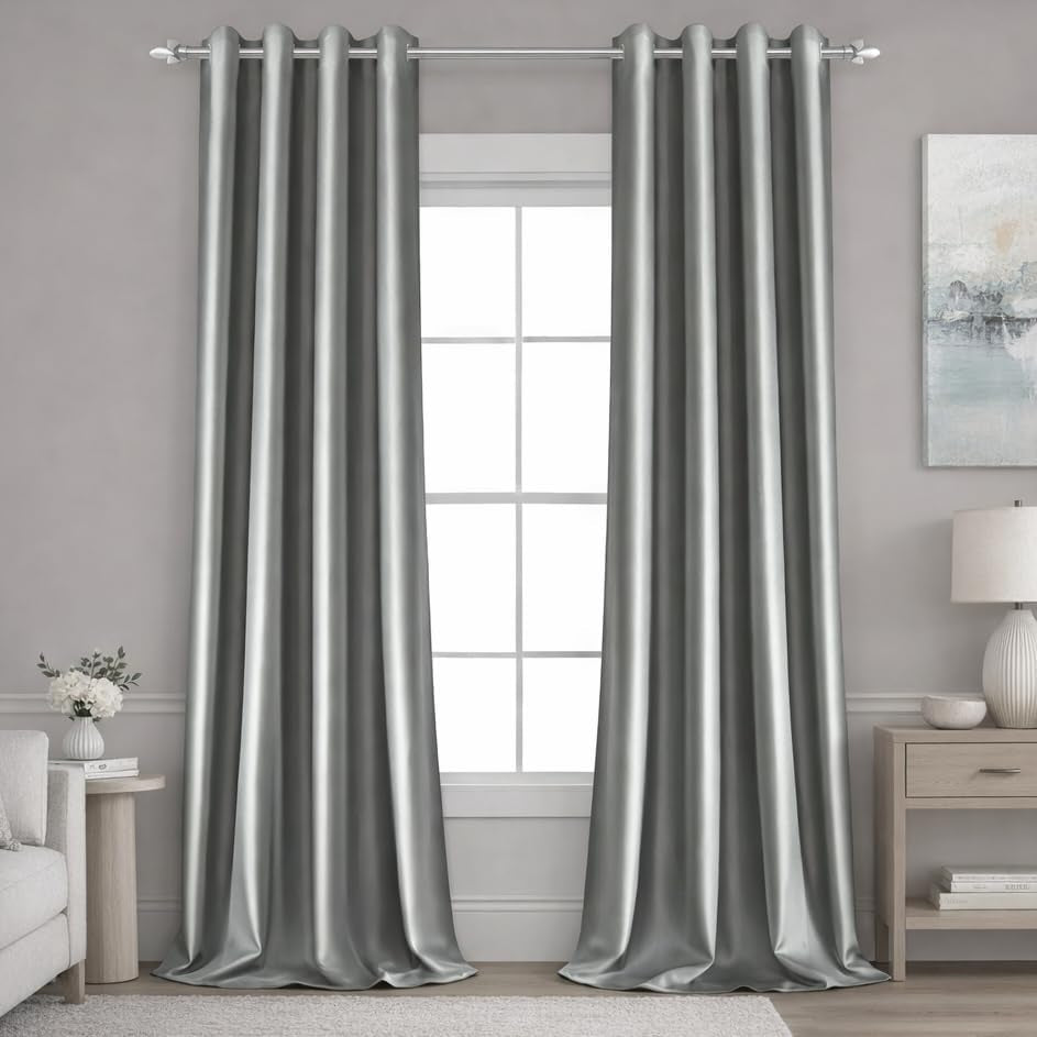 2 Panels Silver Grey Faux Silk Blackout Luxury Curtains, 52 X 96 Inch Room Darkening Satin Thermal Insulated Window Drapes for Bedroom Decor, Indoor