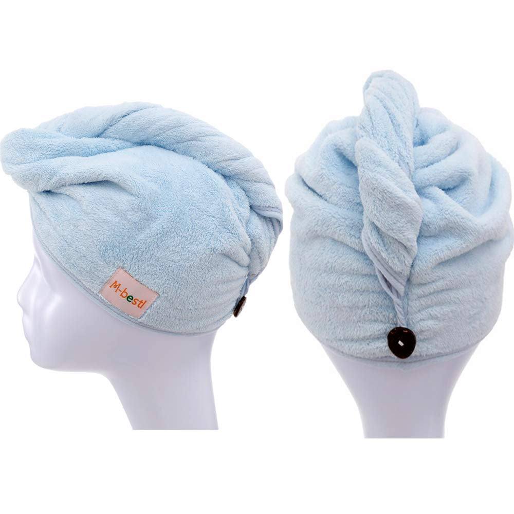 2 Pack Hair Drying Towels, Hair Towel Wrap,Absorbent Microfiber Hair Towel Turban with Button Design to Dry Hair More Quicker(Blue&Dark Gray)
