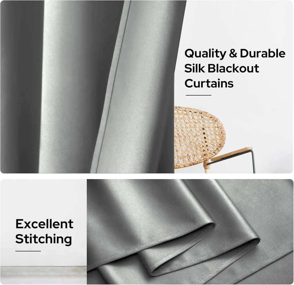 2 Panels Silver Grey Faux Silk Blackout Luxury Curtains, 52 X 96 Inch Room Darkening Satin Thermal Insulated Window Drapes for Bedroom Decor, Indoor