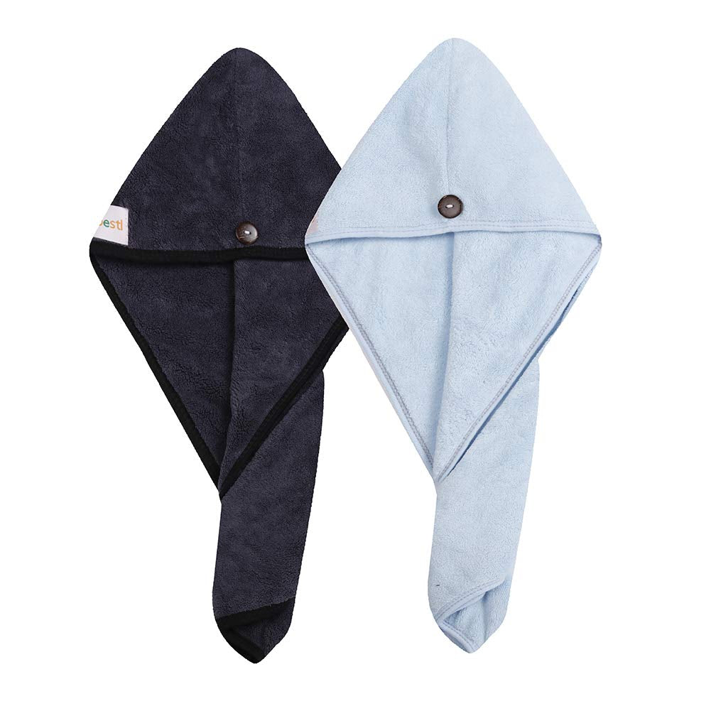 2 Pack Hair Drying Towels, Hair Towel Wrap,Absorbent Microfiber Hair Towel Turban with Button Design to Dry Hair More Quicker(Blue&Dark Gray)