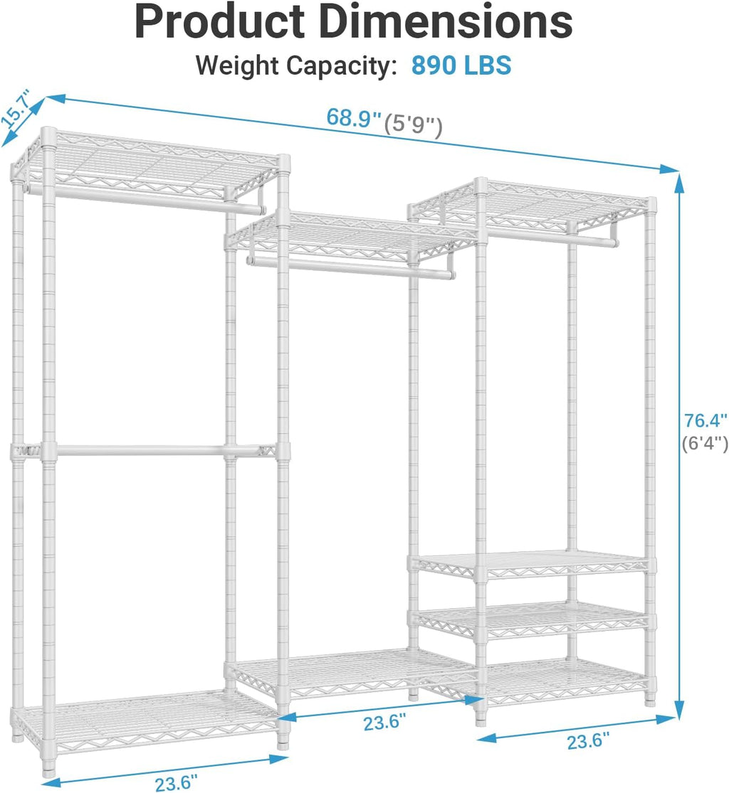 V5 Portable Closet Wardrobe Heavy Duty Clothes Rack, Freestanding Clothing Racks with 4 Hang Rods & 8 Shelves, Adjustable Custom Closet Racks, 68.9" L X 15.7" W X 76.4" H, Max Load 890LBS, White