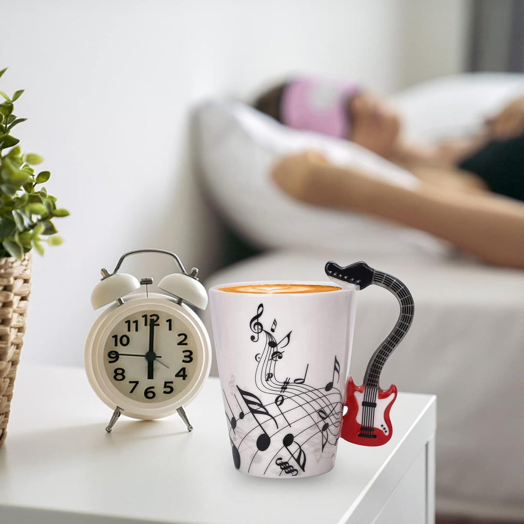 12.9 Oz Guitar Ceramic Mug - Music Note Tea Coffee Milk Cup Mug Gift for Guitar Players, Musicians, Women, Men, Friends, Teachers, Red