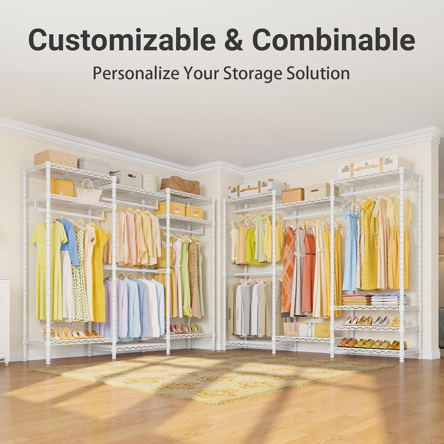 V5 Portable Closet Wardrobe Heavy Duty Clothes Rack, Freestanding Clothing Racks with 4 Hang Rods & 8 Shelves, Adjustable Custom Closet Racks, 68.9" L X 15.7" W X 76.4" H, Max Load 890LBS, White