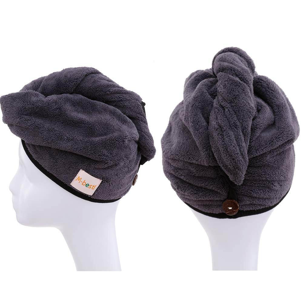 2 Pack Hair Drying Towels, Hair Towel Wrap,Absorbent Microfiber Hair Towel Turban with Button Design to Dry Hair More Quicker(Blue&Dark Gray)