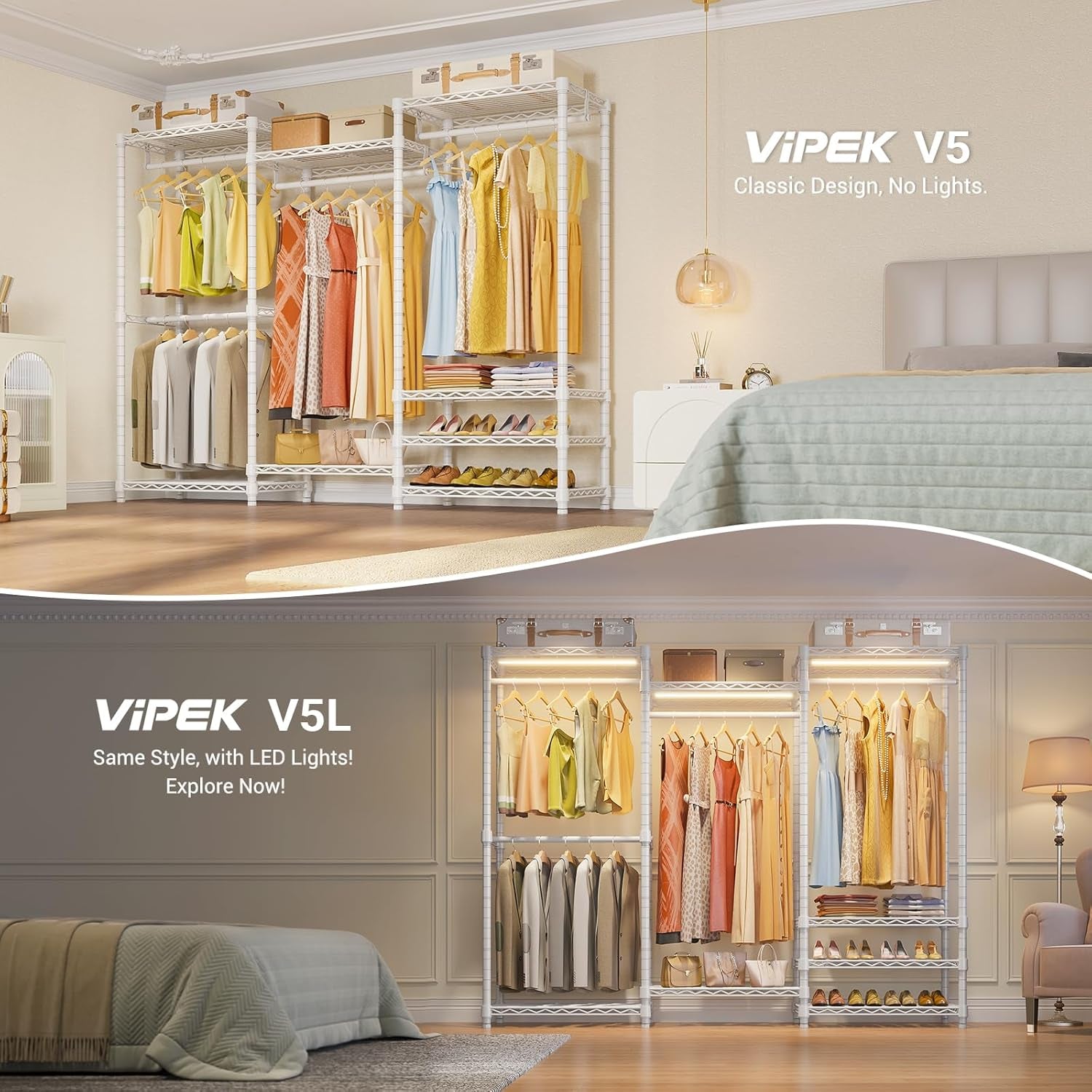 V5 Portable Closet Wardrobe Heavy Duty Clothes Rack, Freestanding Clothing Racks with 4 Hang Rods & 8 Shelves, Adjustable Custom Closet Racks, 68.9" L X 15.7" W X 76.4" H, Max Load 890LBS, White