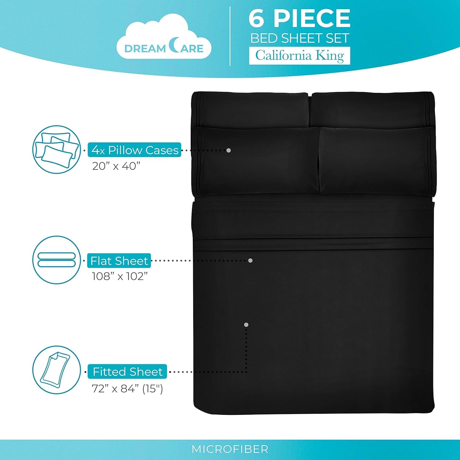 California King Sheet Sets - 6 Pcs Breathable Cooling Bed Sheets - up to 15" Deep California King Sheets with Side Pockets -Extra Soft 100% Brushed Hypoallergenic Hotel Luxury Bedding -Black
