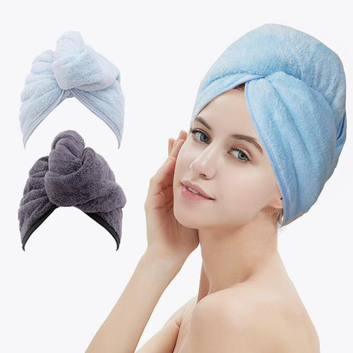 2 Pack Hair Drying Towels, Hair Towel Wrap,Absorbent Microfiber Hair Towel Turban with Button Design to Dry Hair More Quicker(Blue&Dark Gray)