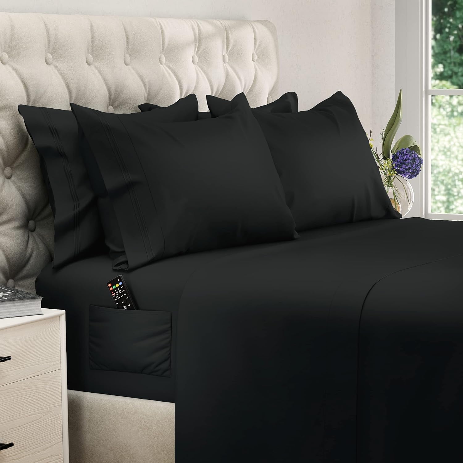 California King Sheet Sets - 6 Pcs Breathable Cooling Bed Sheets - up to 15" Deep California King Sheets with Side Pockets -Extra Soft 100% Brushed Hypoallergenic Hotel Luxury Bedding -Black
