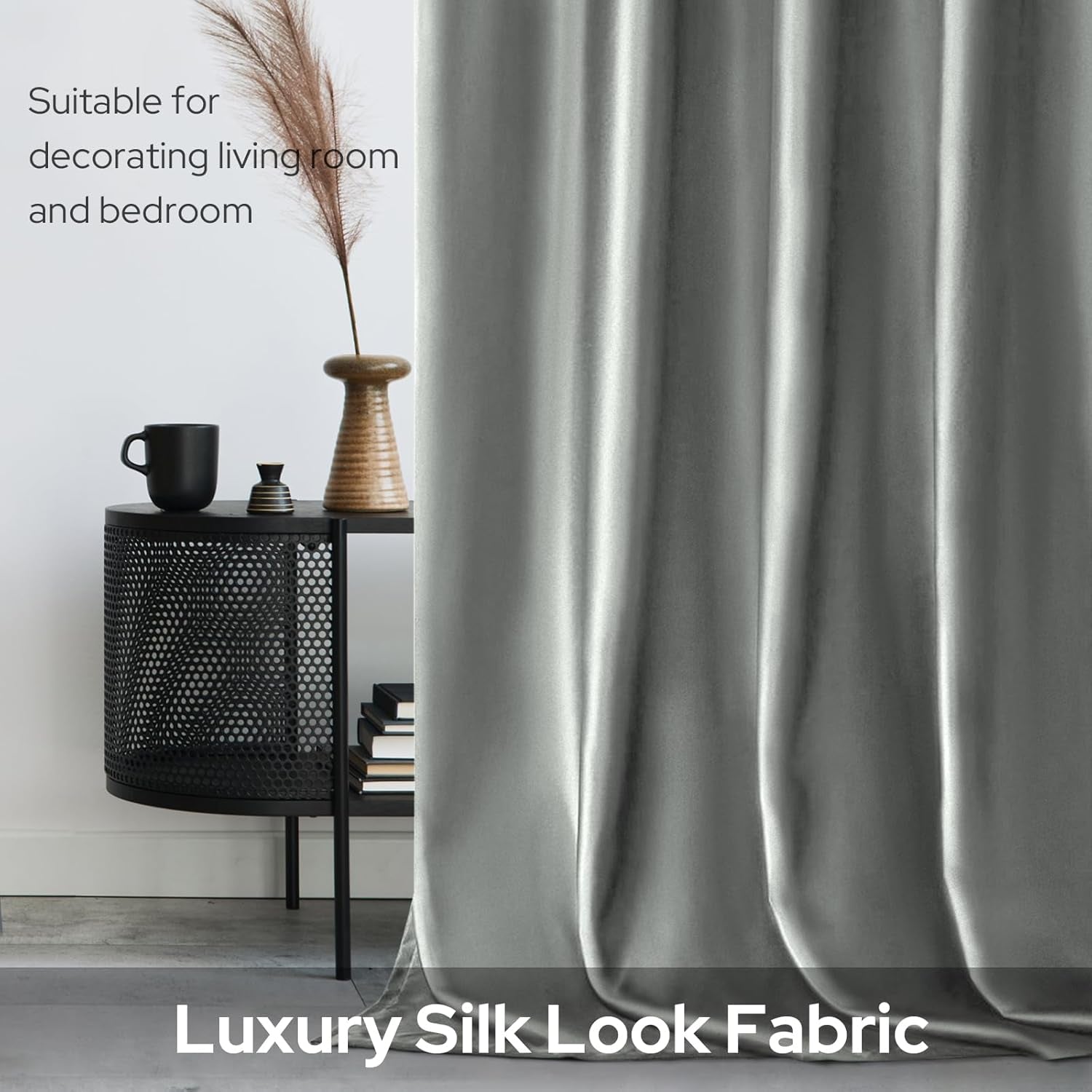 2 Panels Silver Grey Faux Silk Blackout Luxury Curtains, 52 X 96 Inch Room Darkening Satin Thermal Insulated Window Drapes for Bedroom Decor, Indoor