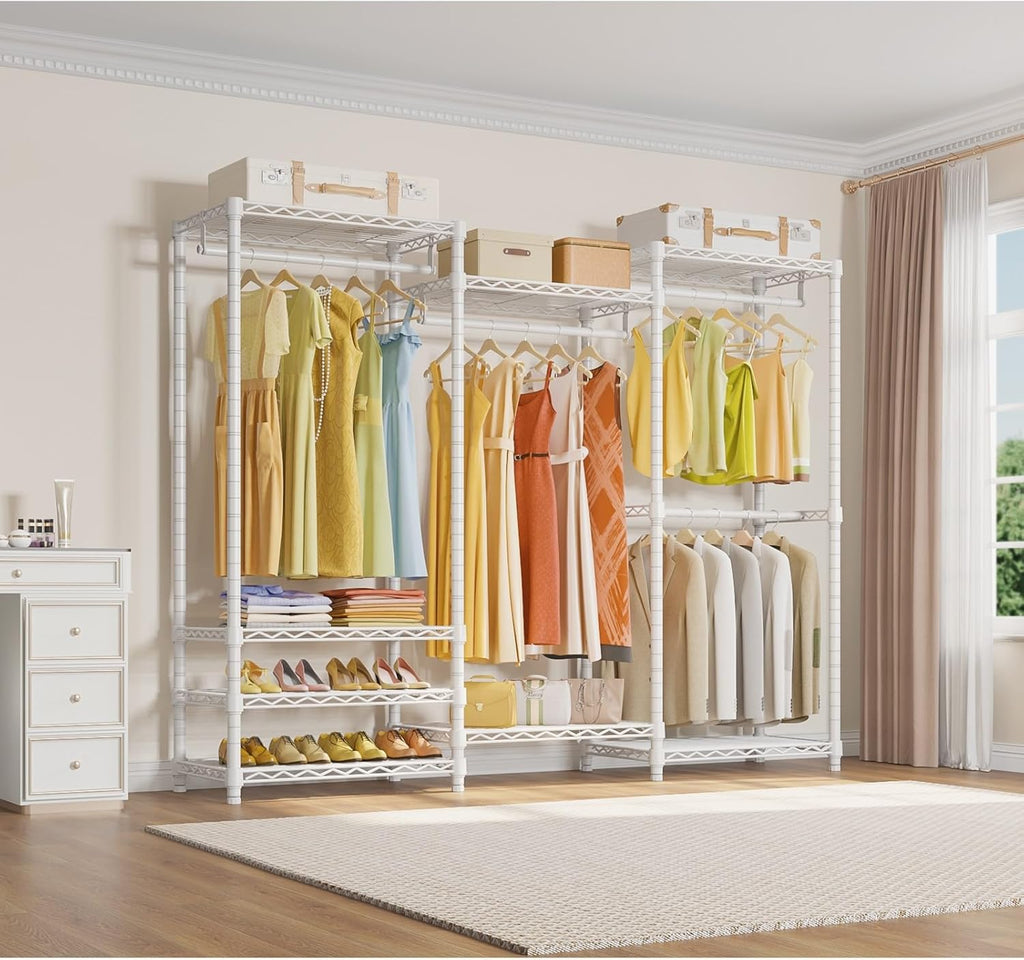 V5 Portable Closet Wardrobe Heavy Duty Clothes Rack, Freestanding Clothing Racks with 4 Hang Rods & 8 Shelves, Adjustable Custom Closet Racks, 68.9" L X 15.7" W X 76.4" H, Max Load 890LBS, White