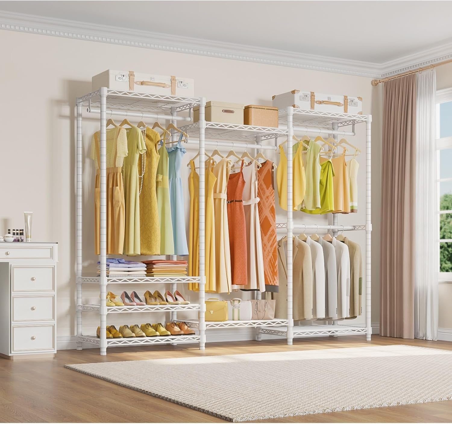 V5 Portable Closet Wardrobe Heavy Duty Clothes Rack, Freestanding Clothing Racks with 4 Hang Rods & 8 Shelves, Adjustable Custom Closet Racks, 68.9" L X 15.7" W X 76.4" H, Max Load 890LBS, White