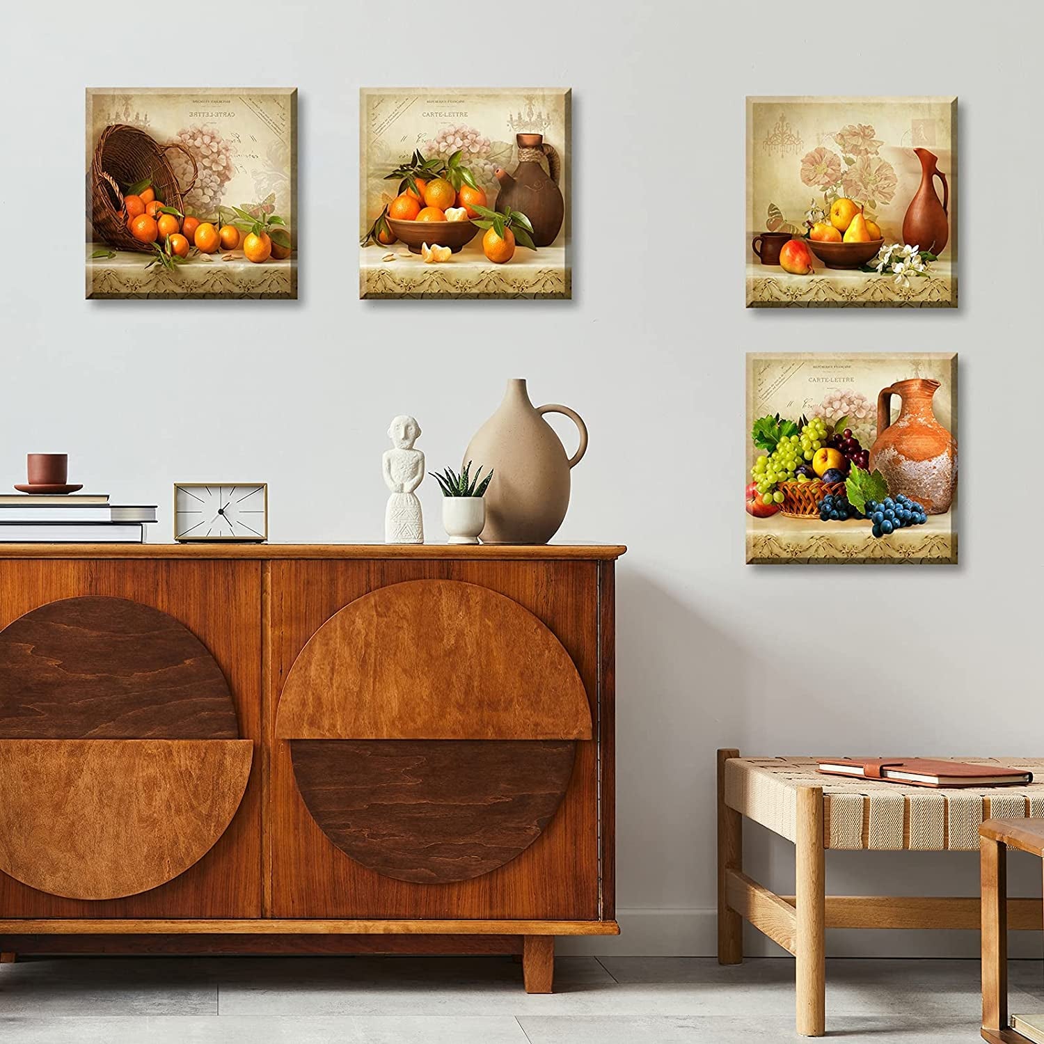 Kitchen Wall Decor Canvas Art for Dining Room Vintage Theme Fruit Pictures Farmhouse Rustic Signs Paintings Bar Accessories Realism Colorful Framed Decorations 4 Pcs/Set