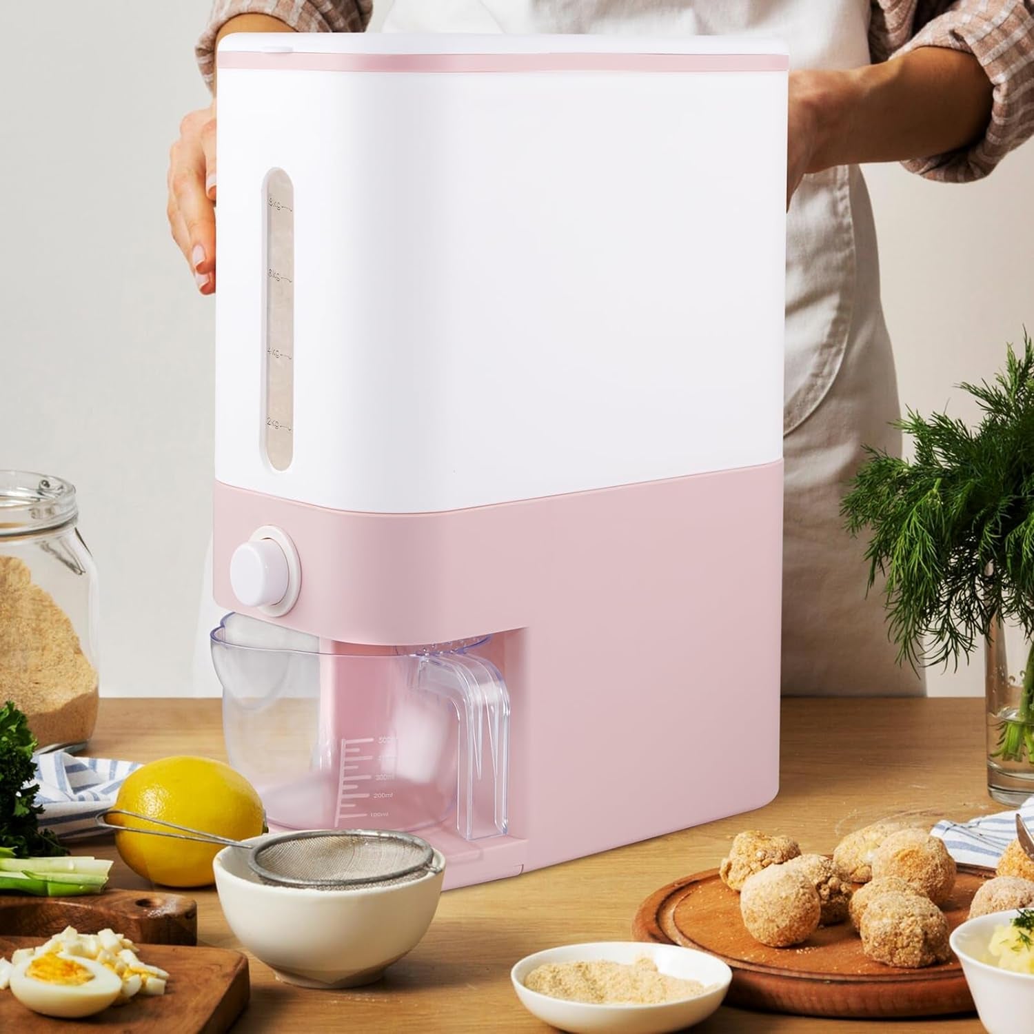 22.5-25 Lbs Pink Rice Dispenser, Rice Storage Container, Pink Rice Storage Container with Measuring Cup, Rice Holder Bucket for Household Kitchen Rice Soybean Corn